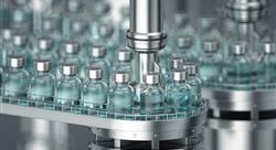 Pharmaceutical manufacture background with glass bottles with clear liquid on automatic conveyor