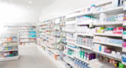 selection of goods at a pharmacy blurred